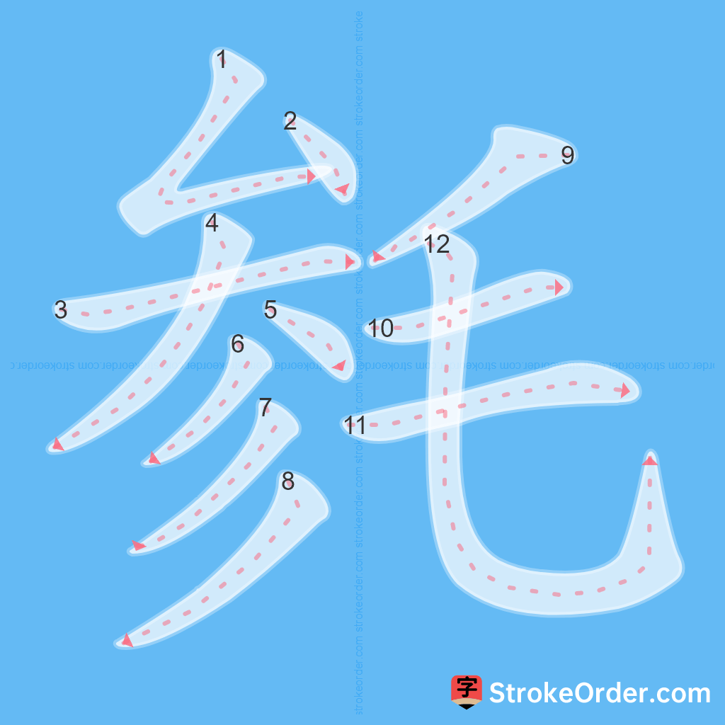 Standard stroke order for the Chinese character 毵
