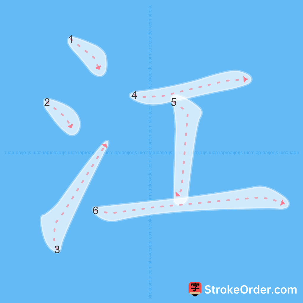Standard stroke order for the Chinese character 江