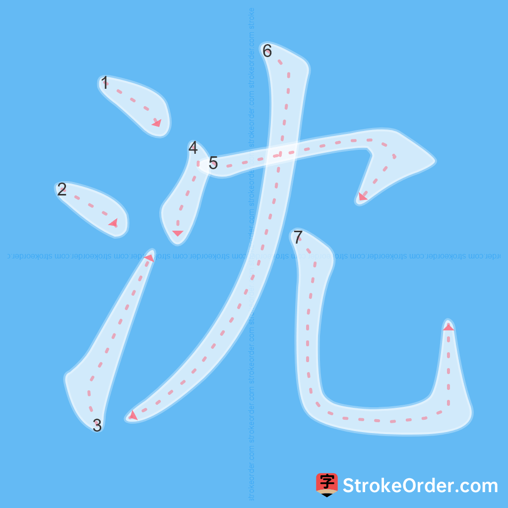 Standard stroke order for the Chinese character 沈