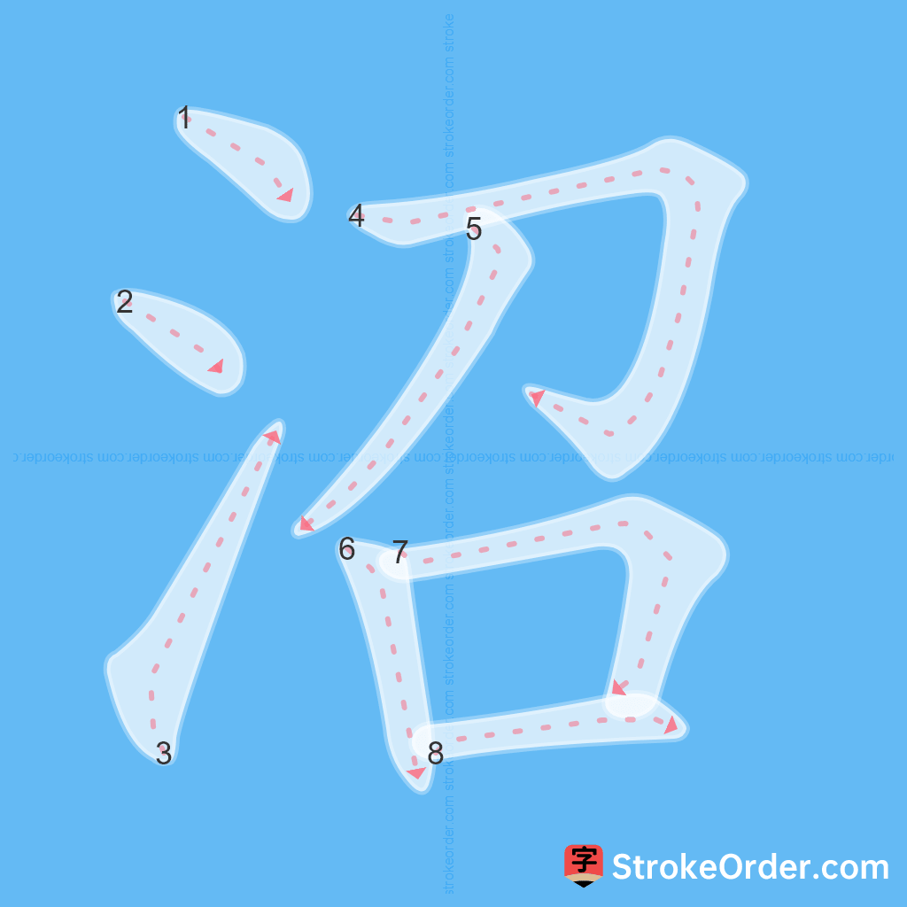 Standard stroke order for the Chinese character 沼