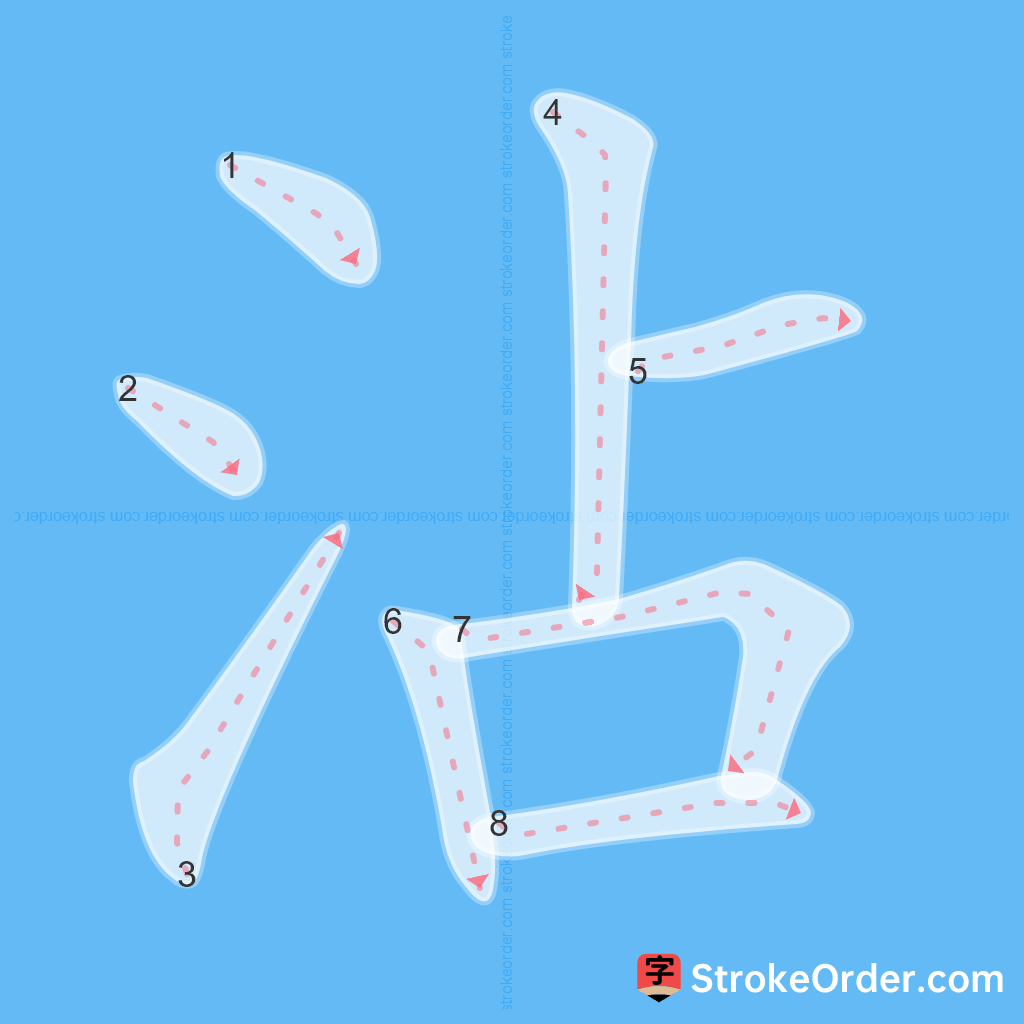 Standard stroke order for the Chinese character 沾