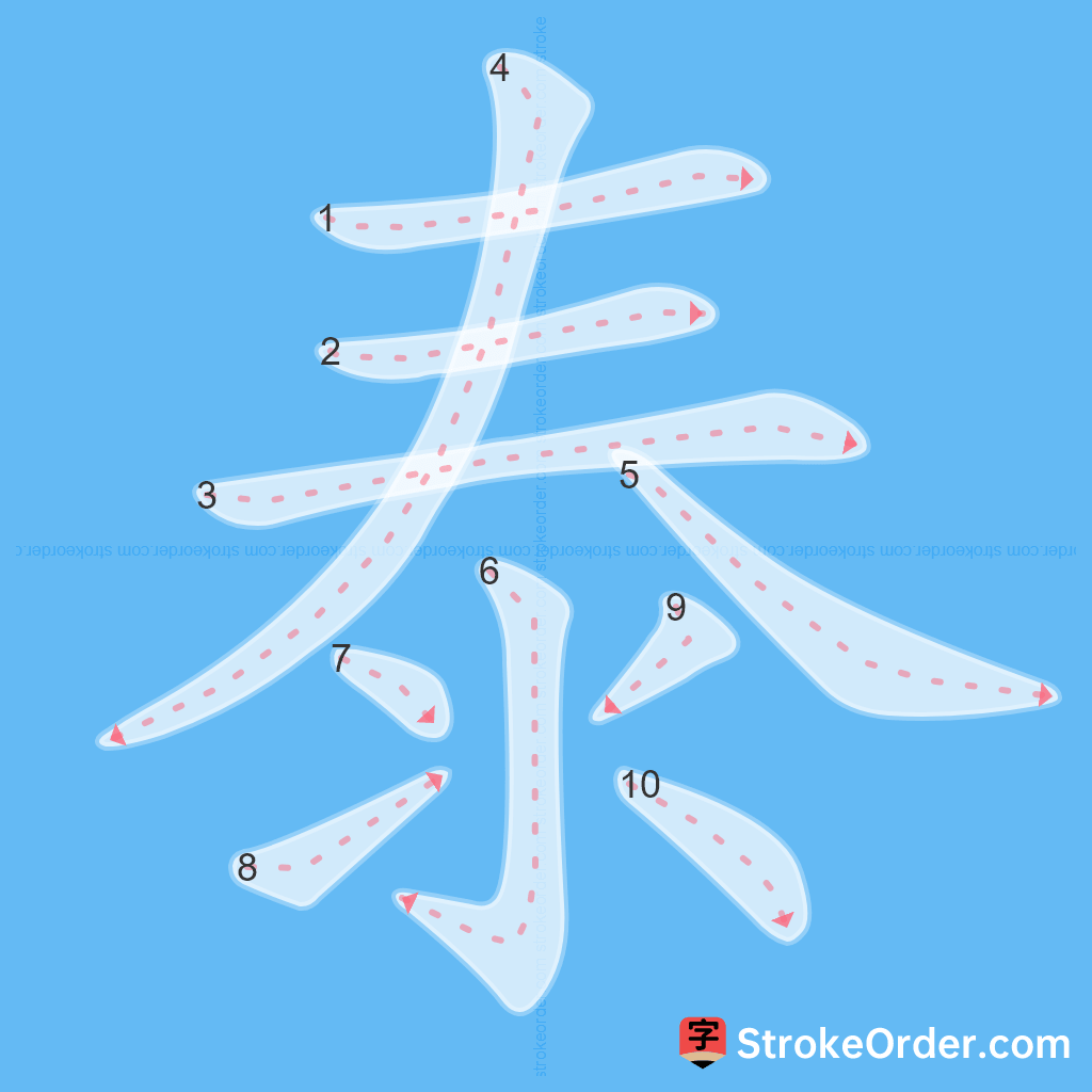 Standard stroke order for the Chinese character 泰