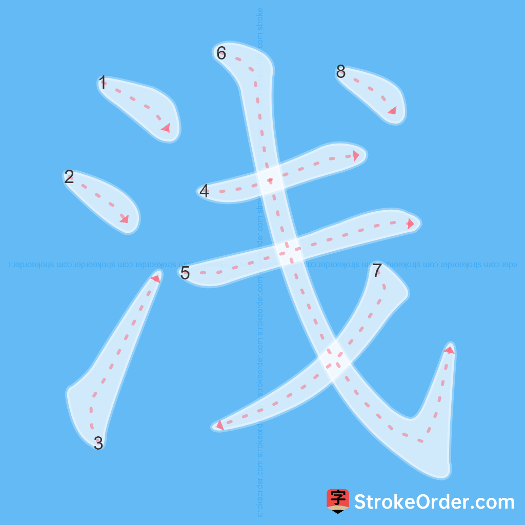 Standard stroke order for the Chinese character 浅