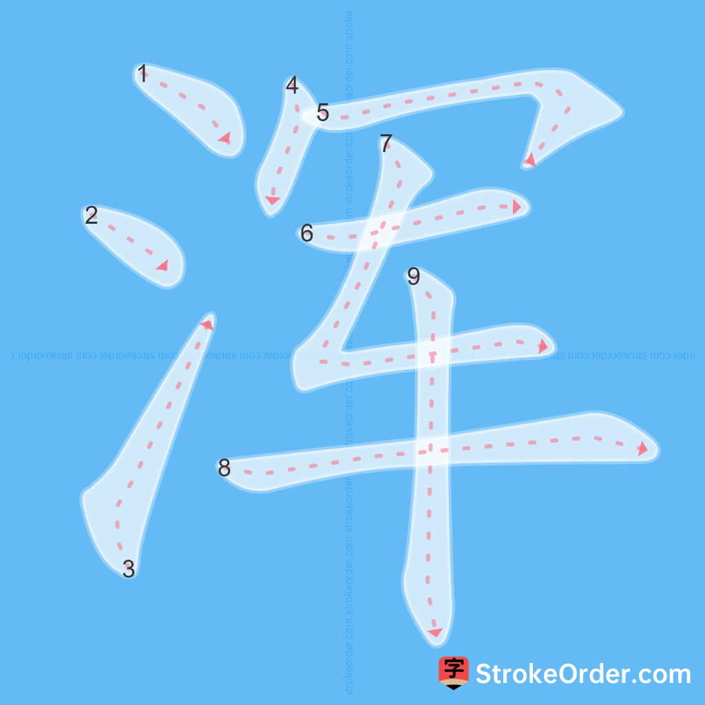 Standard stroke order for the Chinese character 浑