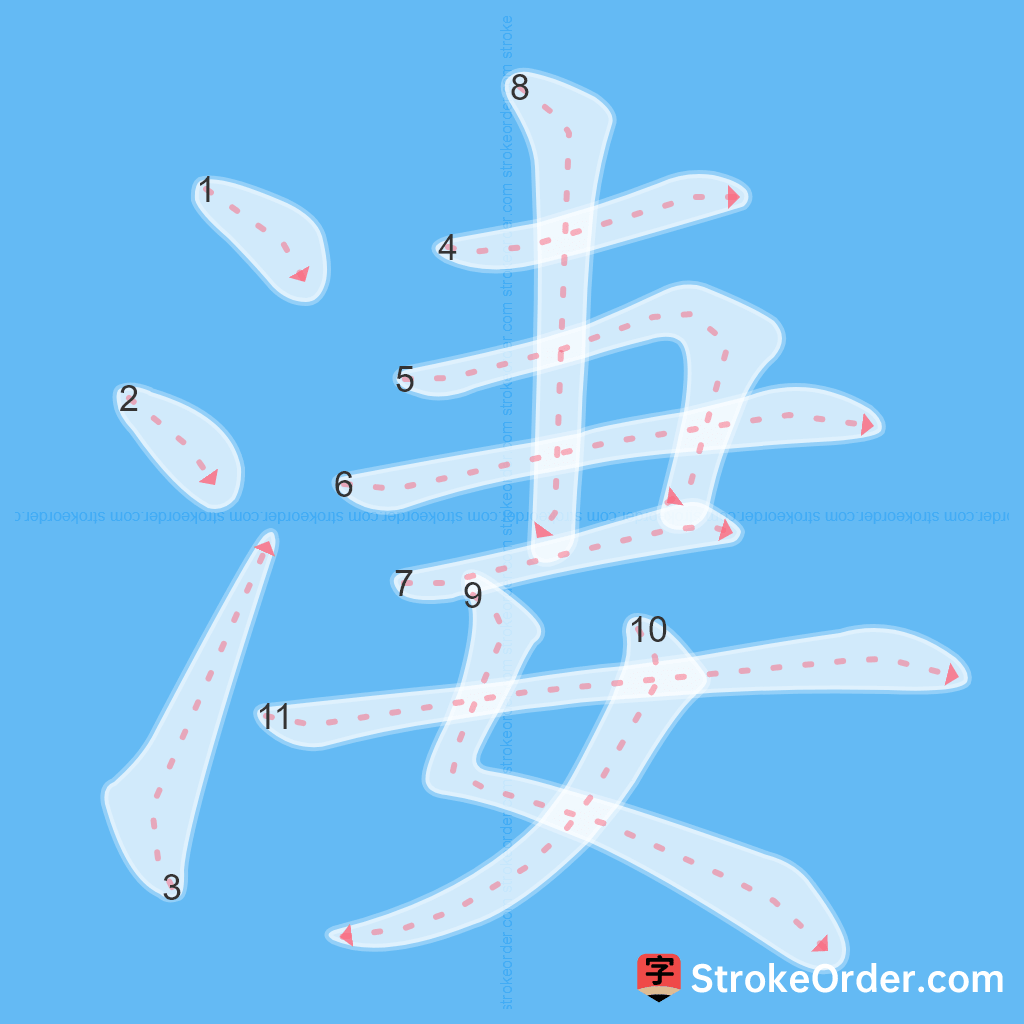Standard stroke order for the Chinese character 淒