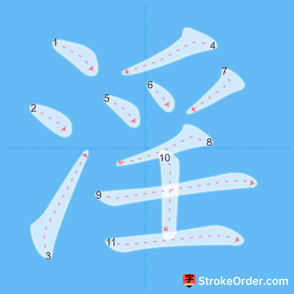 Standard stroke order for the Chinese character 淫