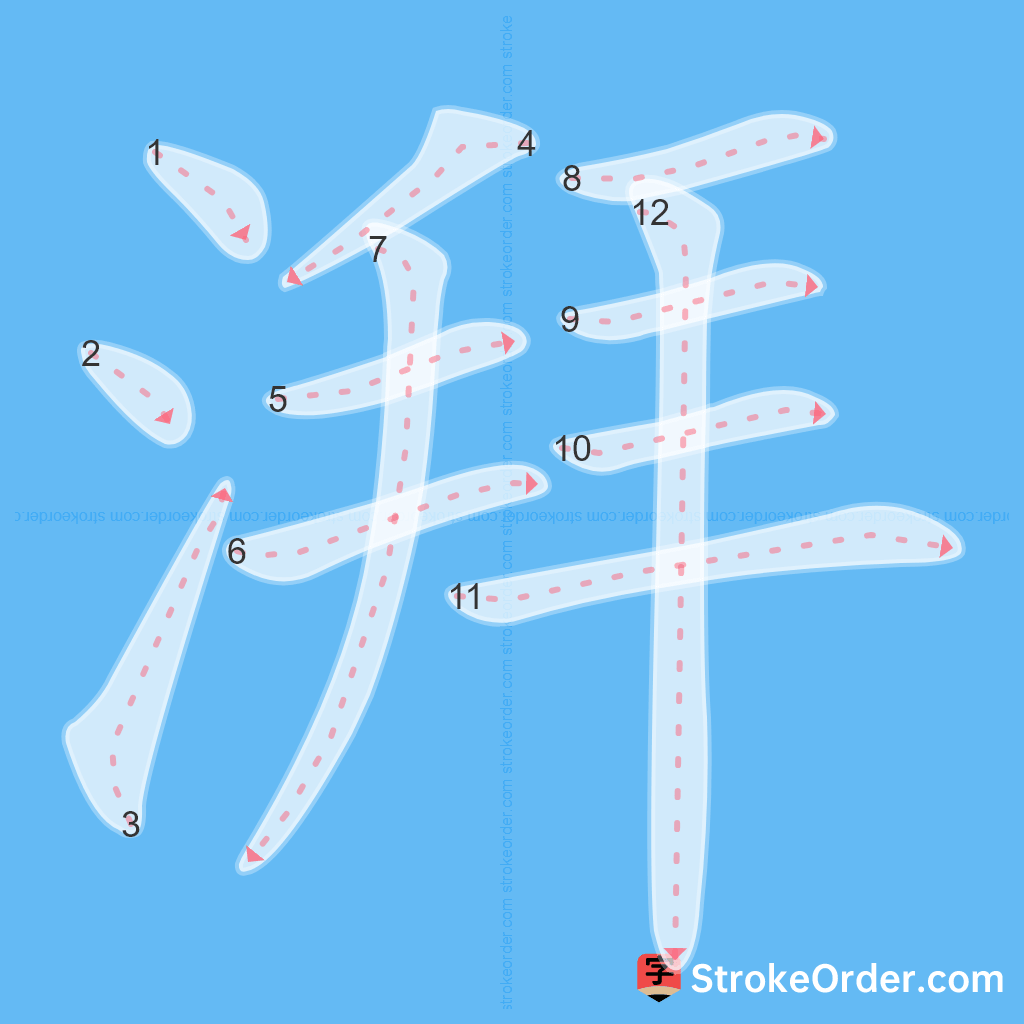 Standard stroke order for the Chinese character 湃