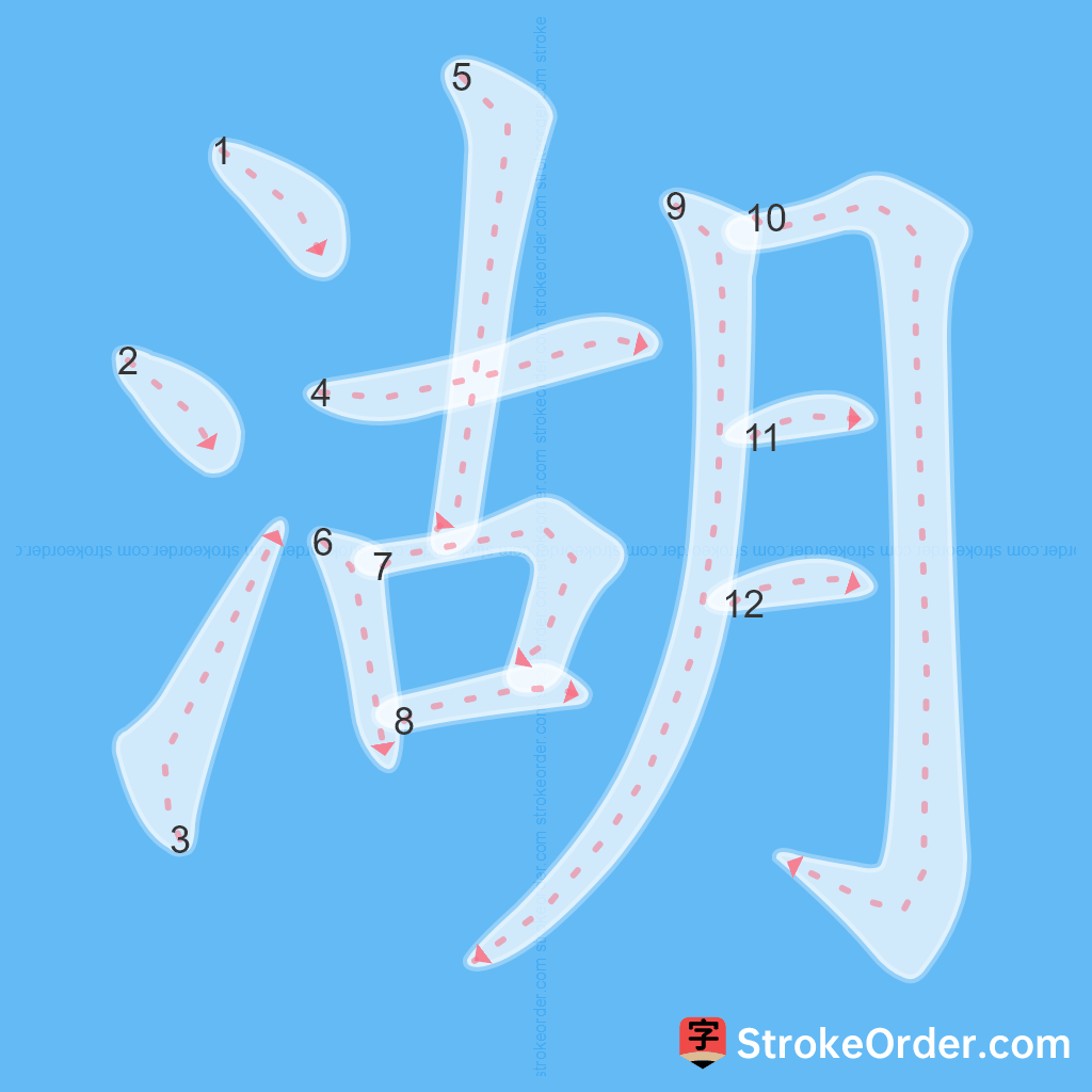 Standard stroke order for the Chinese character 湖