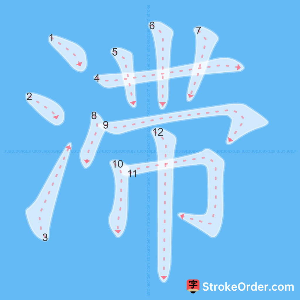 Standard stroke order for the Chinese character 滞