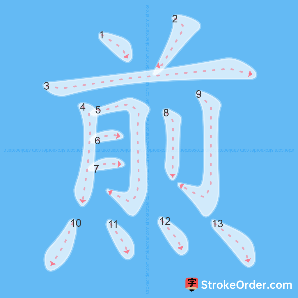 Standard stroke order for the Chinese character 煎