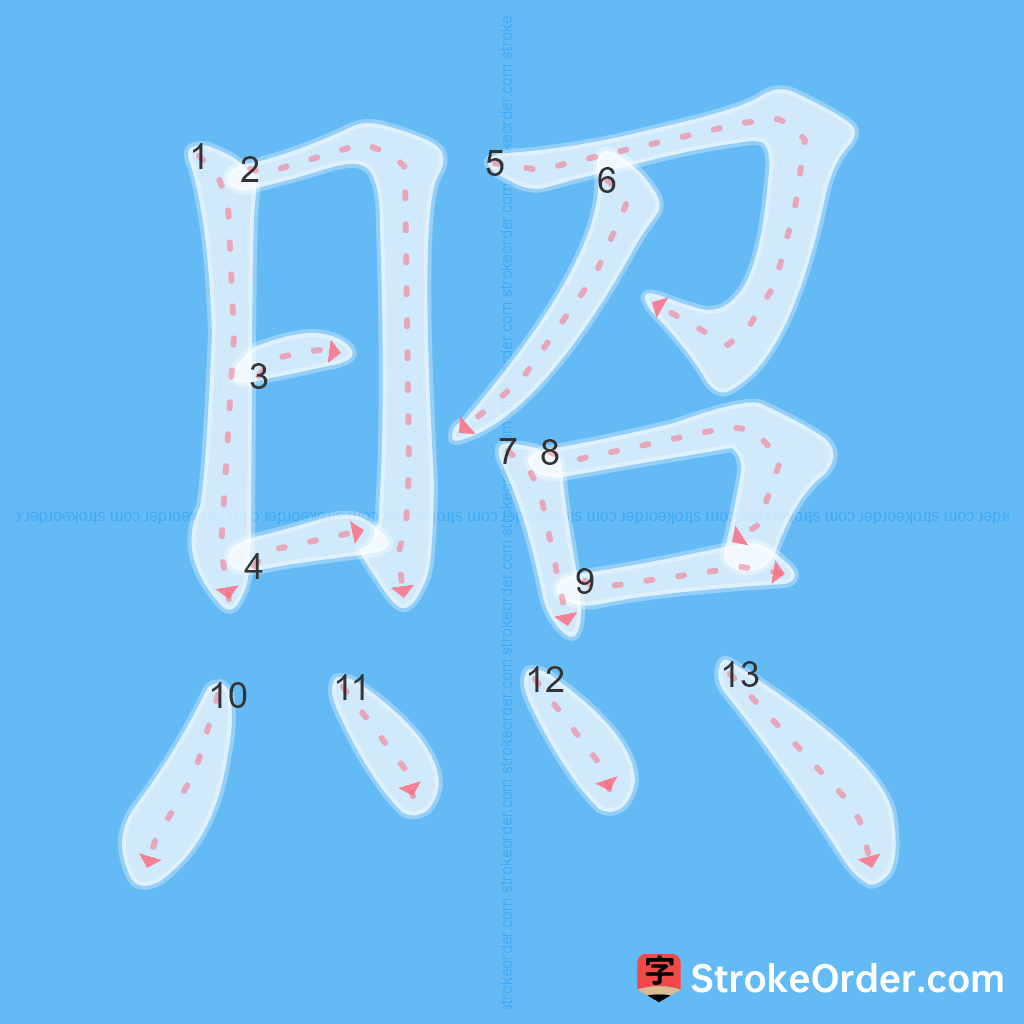 Standard stroke order for the Chinese character 照