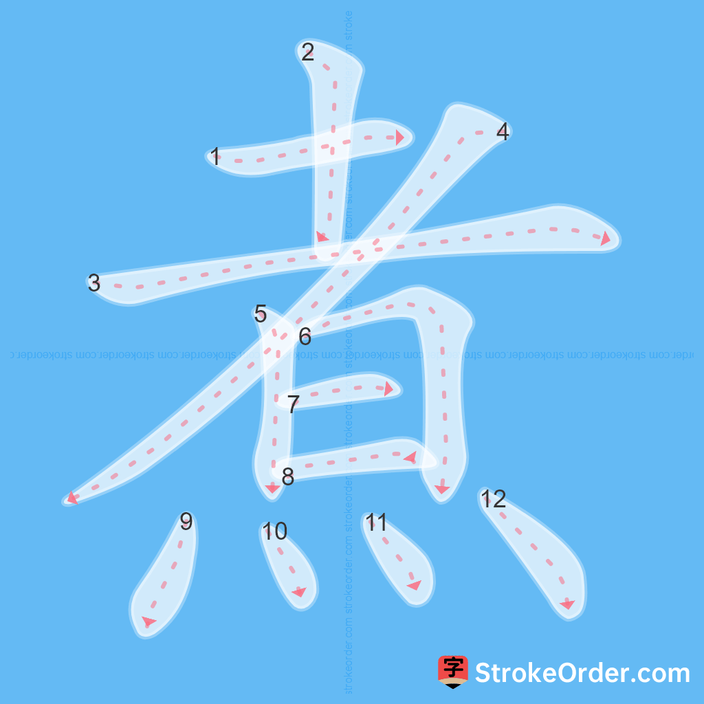 Standard stroke order for the Chinese character 煮