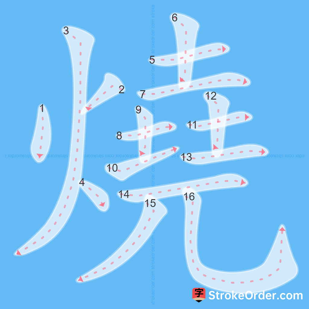 Standard stroke order for the Chinese character 燒