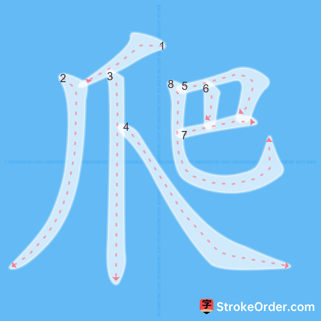 Standard stroke order for the Chinese character 爬
