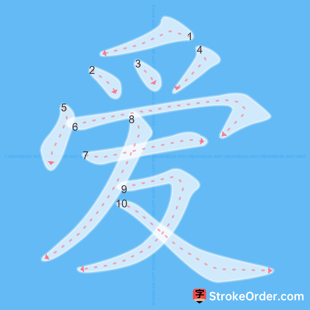 Standard stroke order for the Chinese character 爱