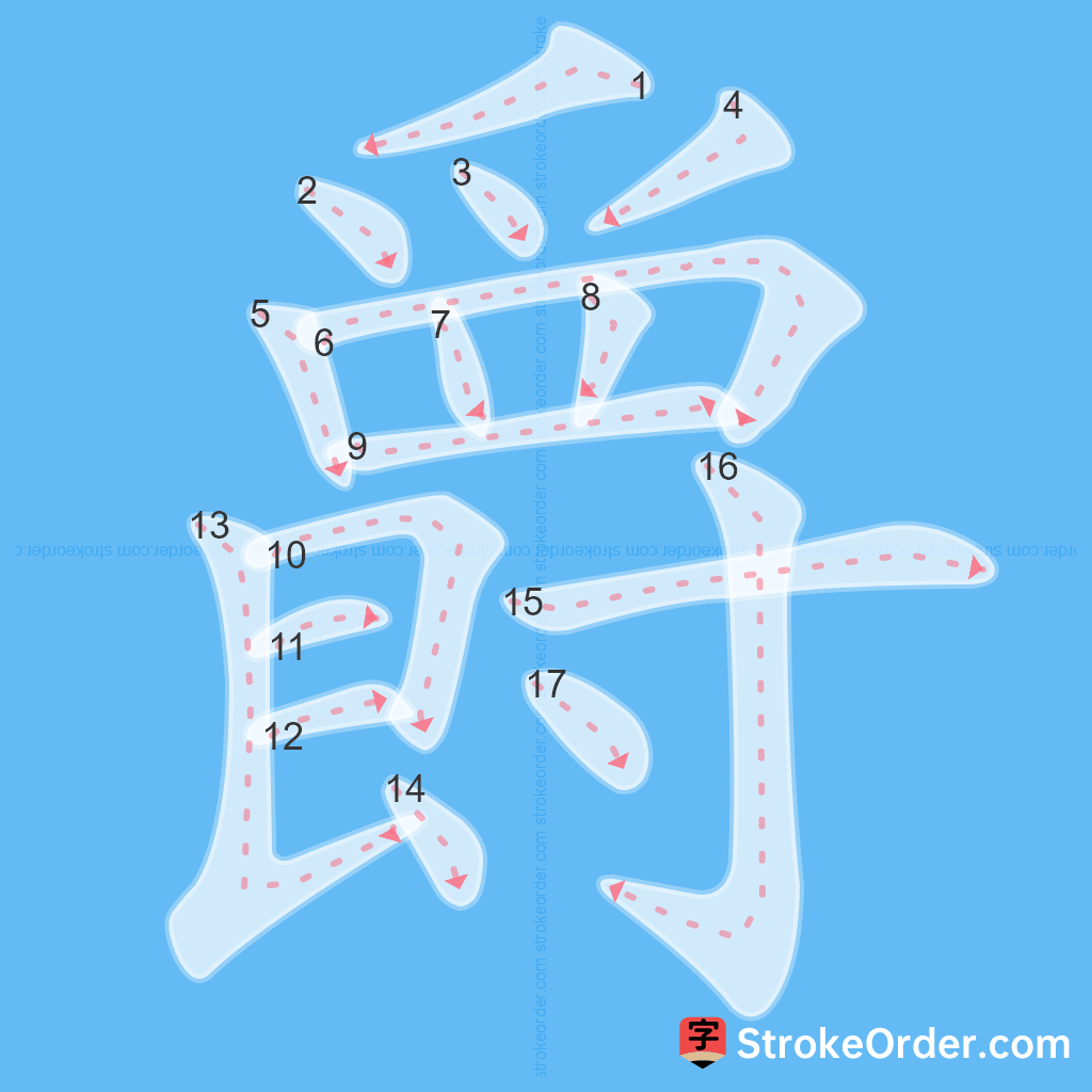 Standard stroke order for the Chinese character 爵