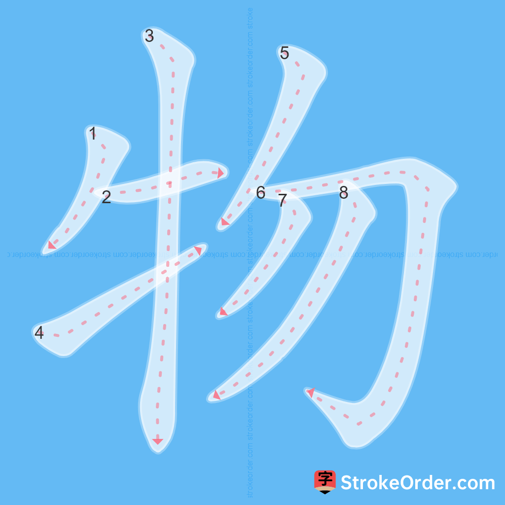 Standard stroke order for the Chinese character 物