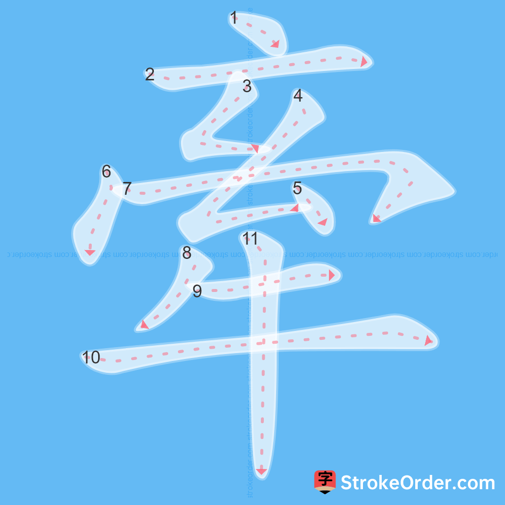 Standard stroke order for the Chinese character 牽