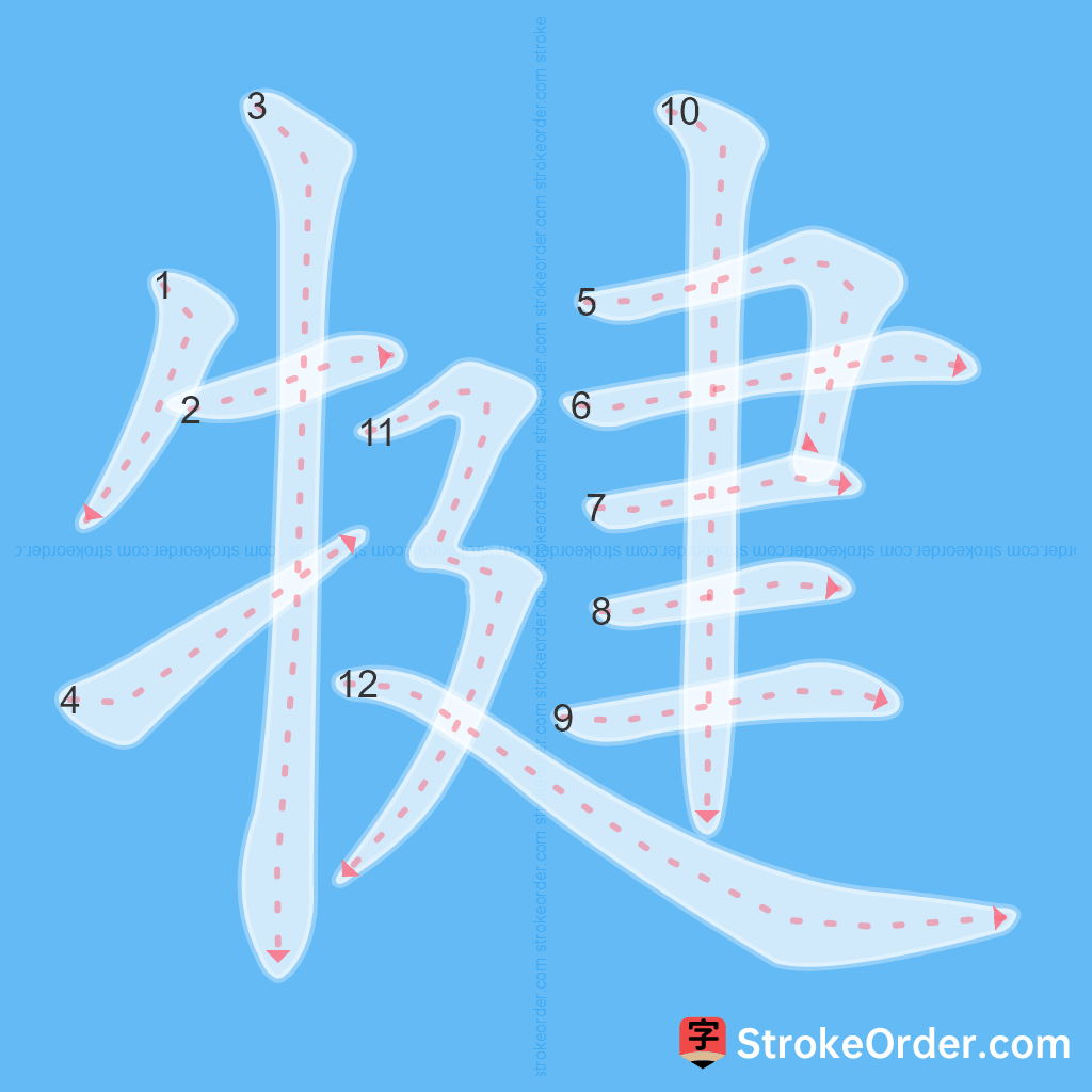 Standard stroke order for the Chinese character 犍
