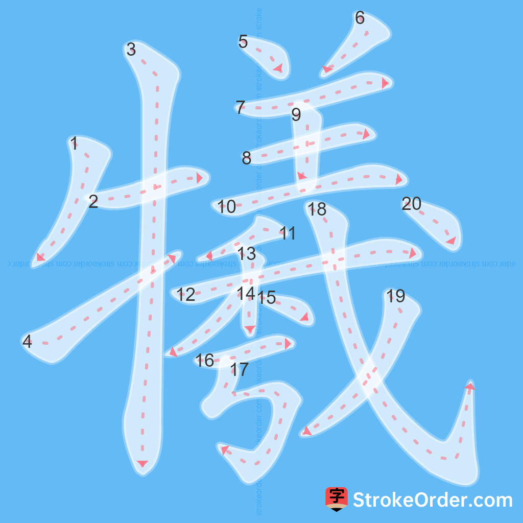 Standard stroke order for the Chinese character 犧