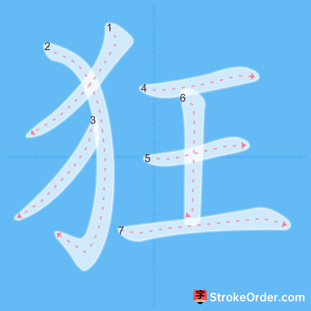 Standard stroke order for the Chinese character 狂