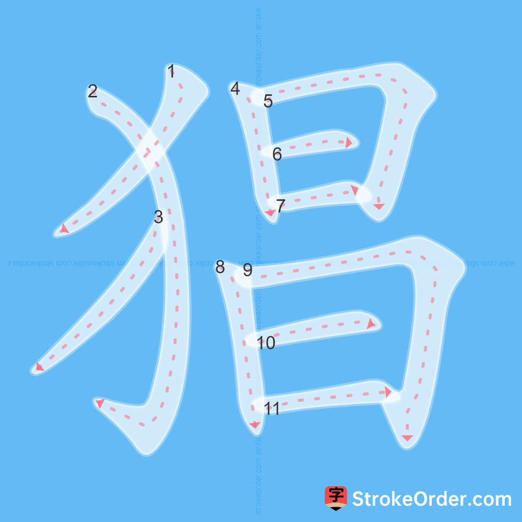 Standard stroke order for the Chinese character 猖