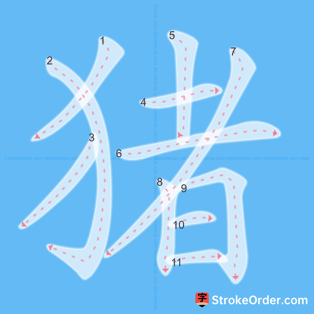 Standard stroke order for the Chinese character 猪