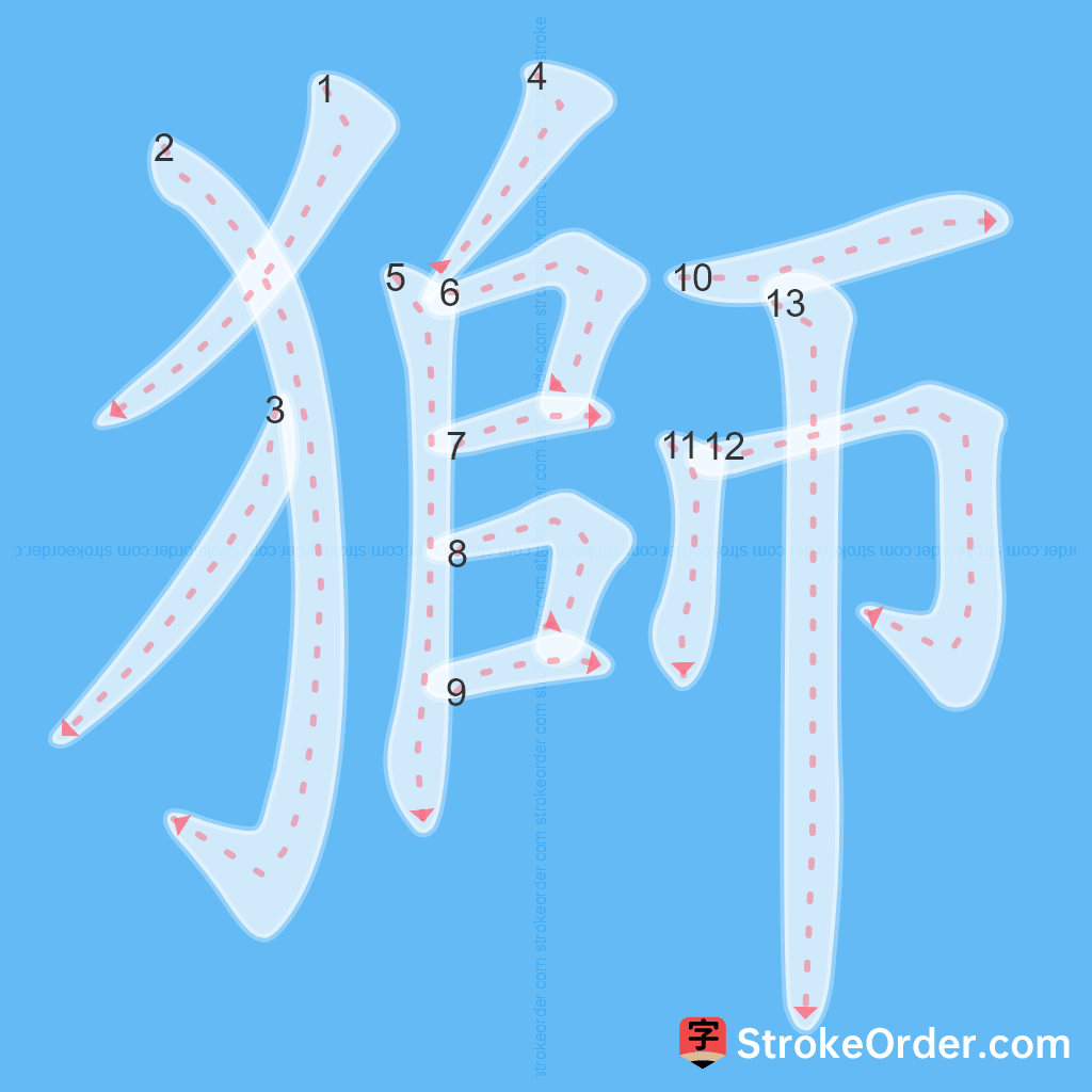 Standard stroke order for the Chinese character 獅