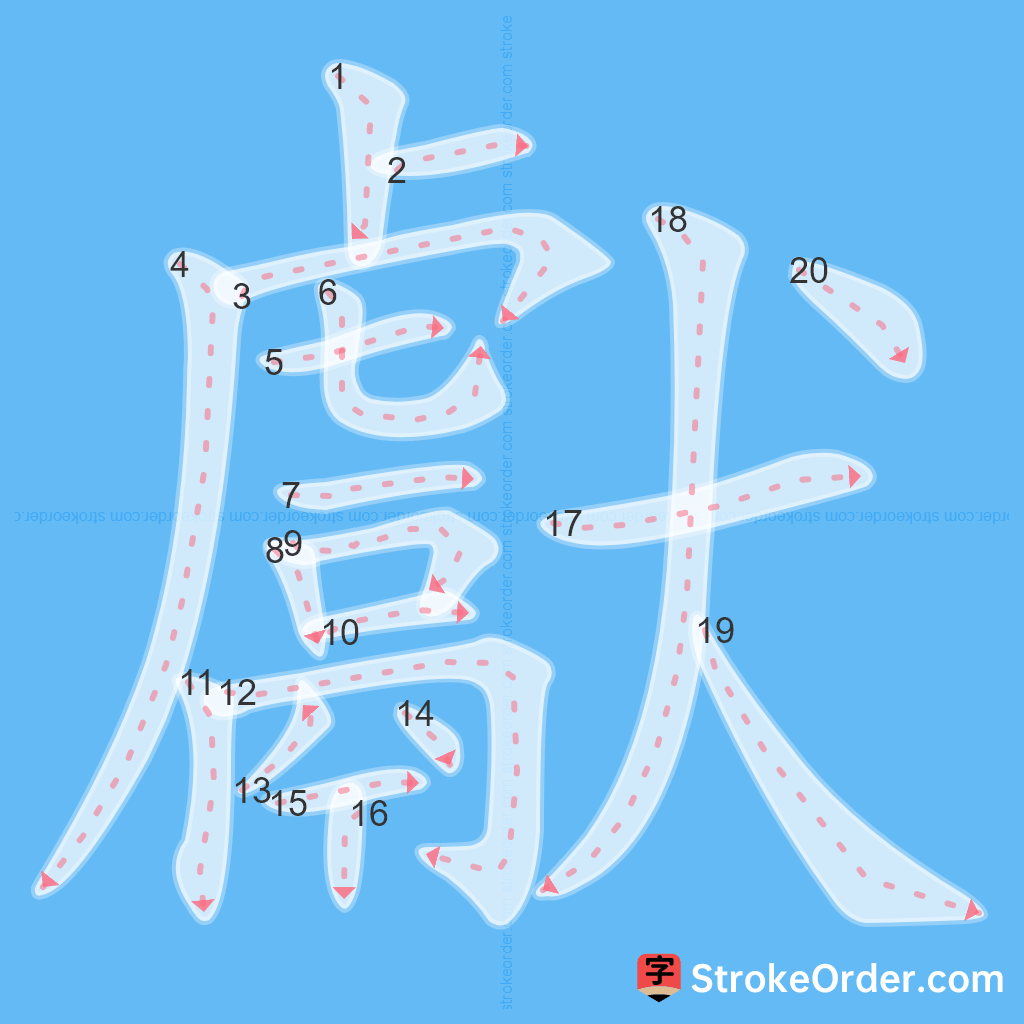 Standard stroke order for the Chinese character 獻