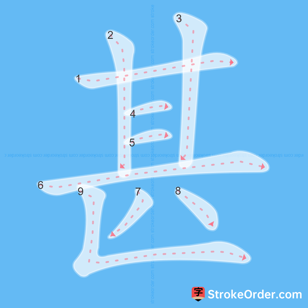 Standard stroke order for the Chinese character 甚