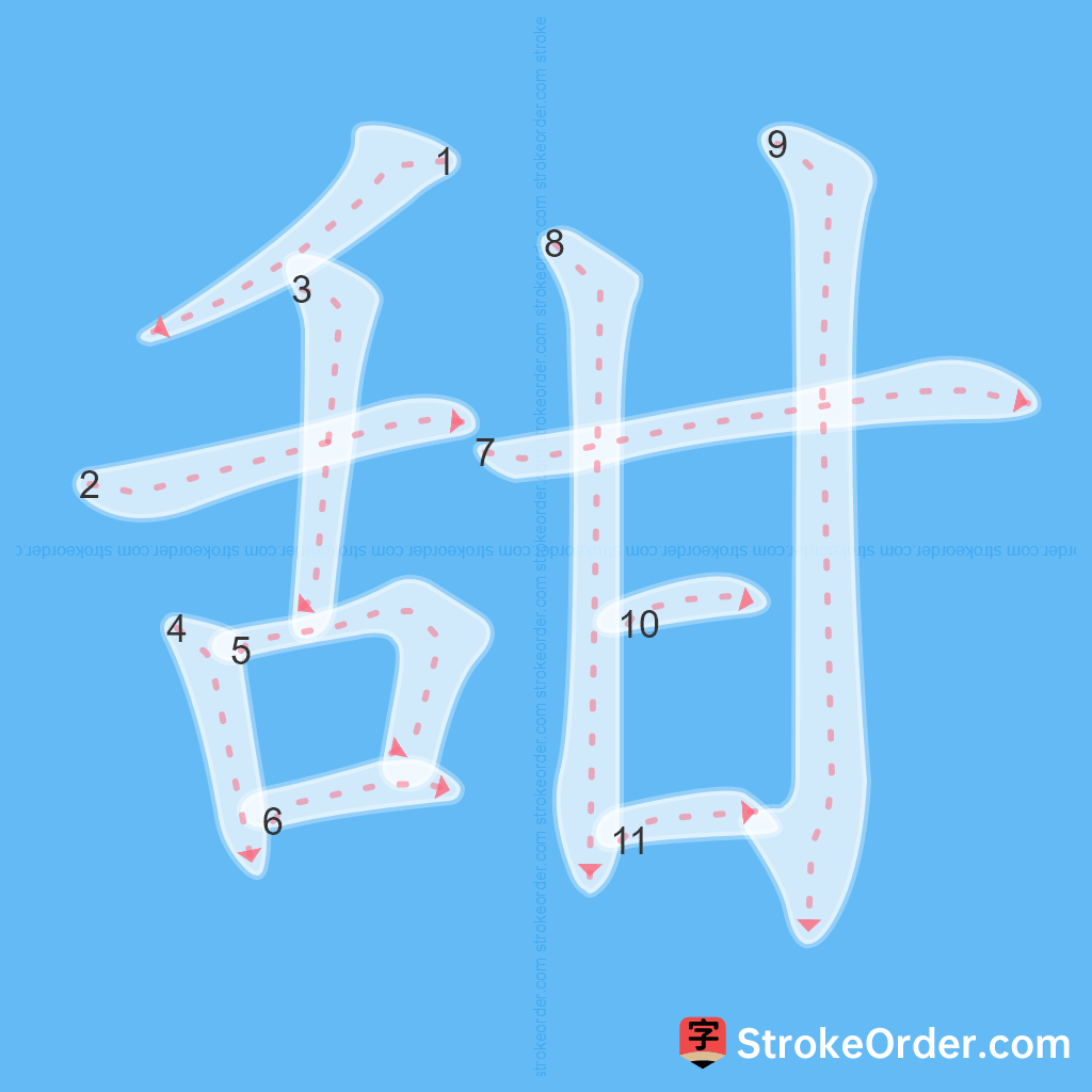 Standard stroke order for the Chinese character 甜