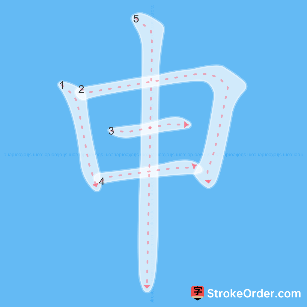 Standard stroke order for the Chinese character 申