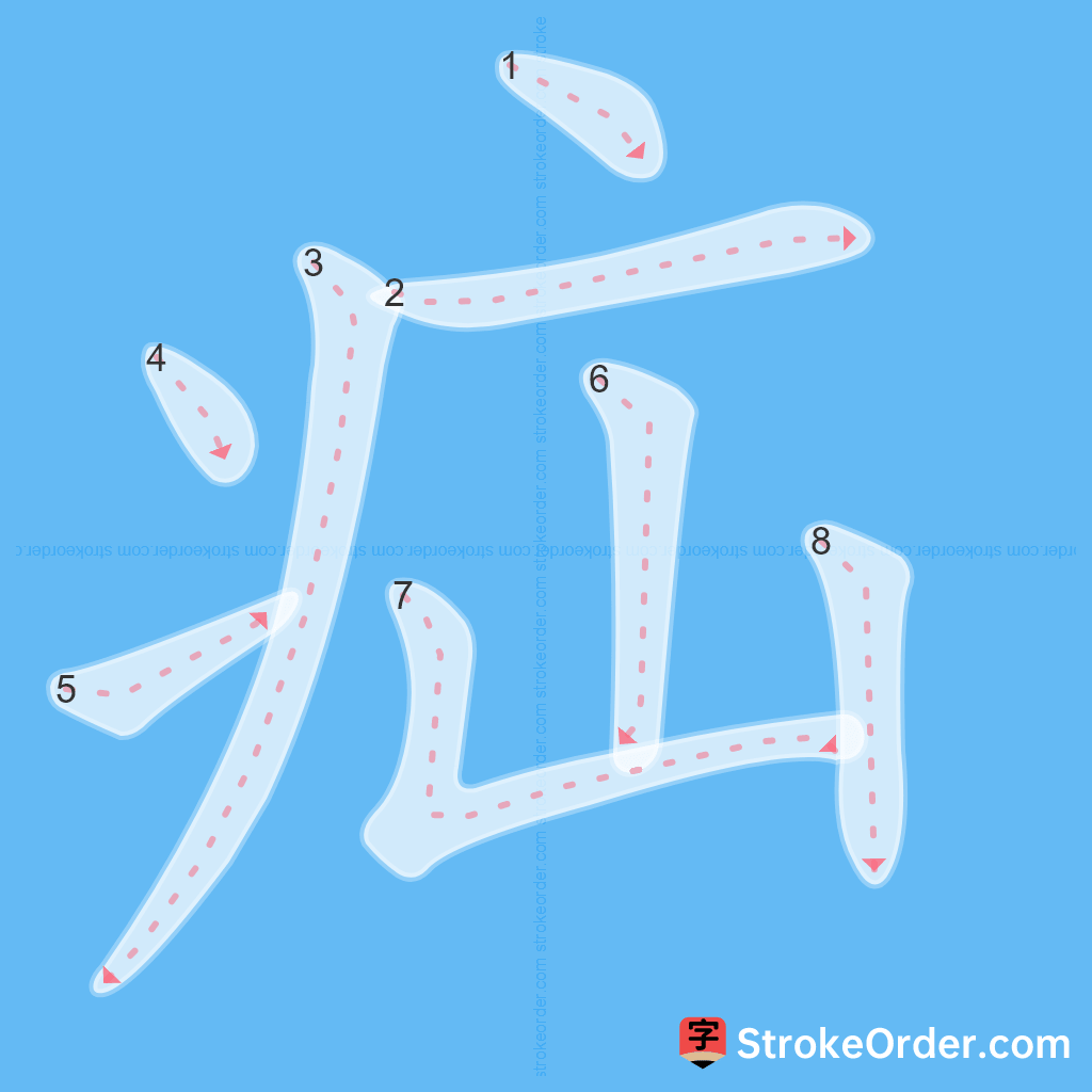 Standard stroke order for the Chinese character 疝