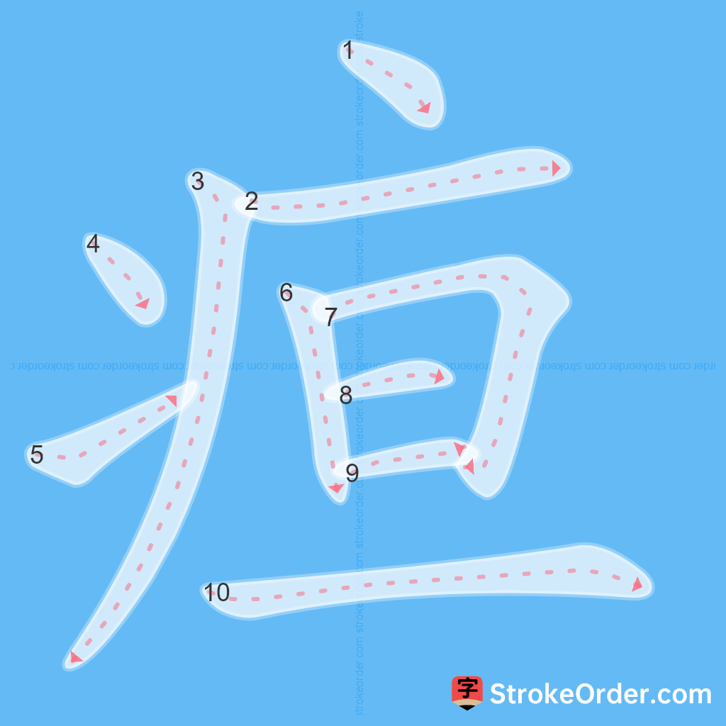 Standard stroke order for the Chinese character 疸