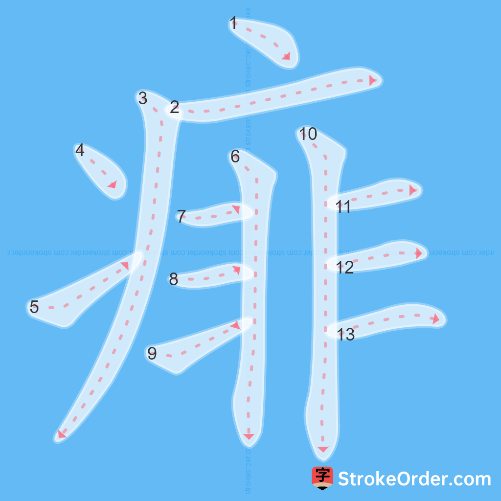 Standard stroke order for the Chinese character 痱