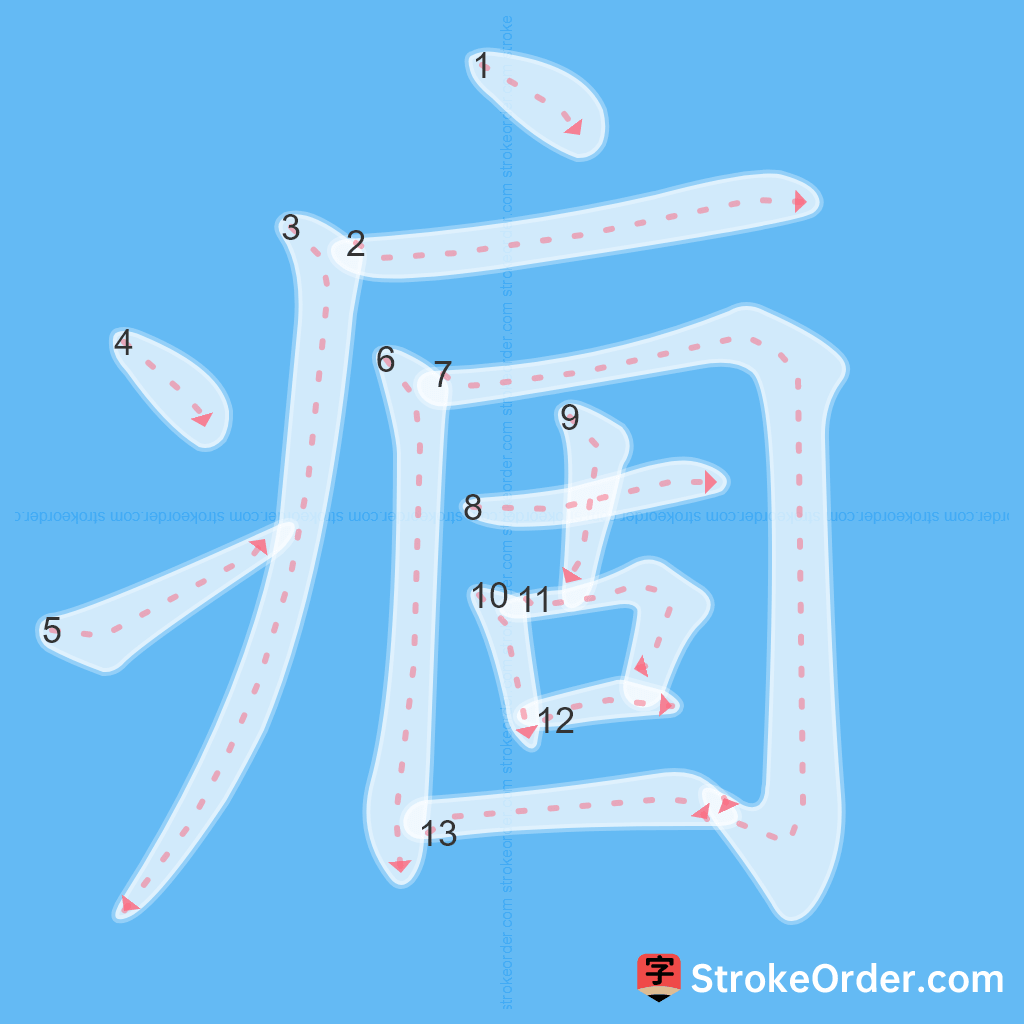 Standard stroke order for the Chinese character 痼