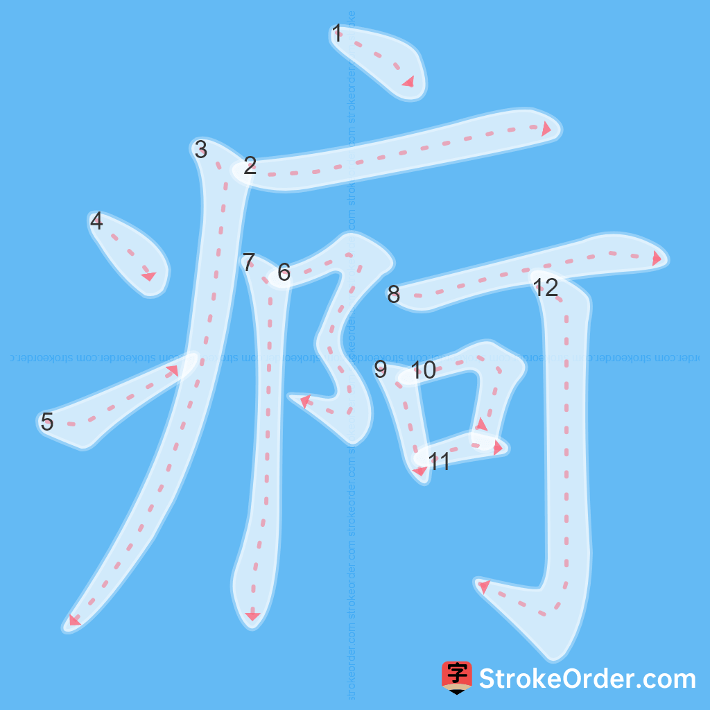 Standard stroke order for the Chinese character 痾