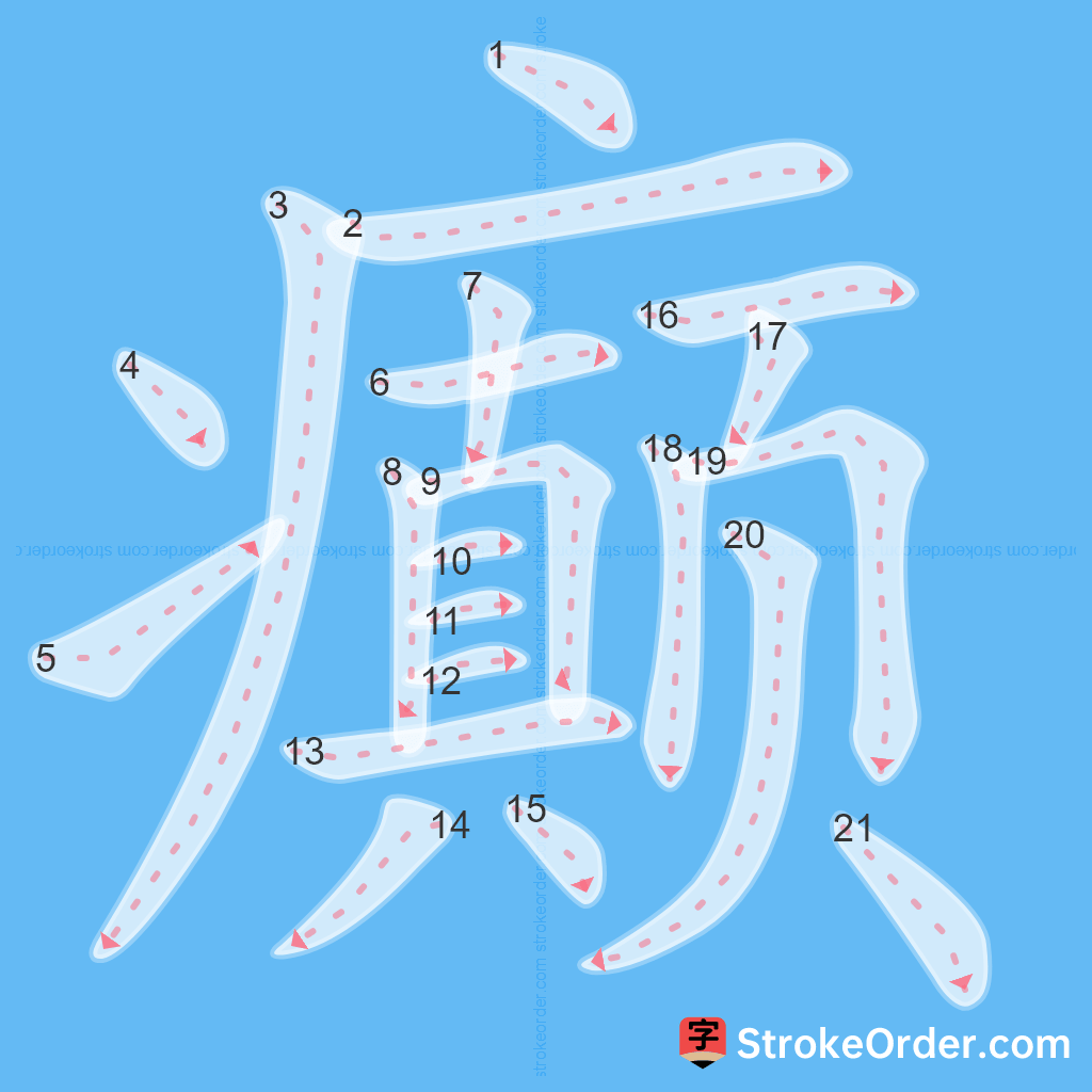 Standard stroke order for the Chinese character 癫