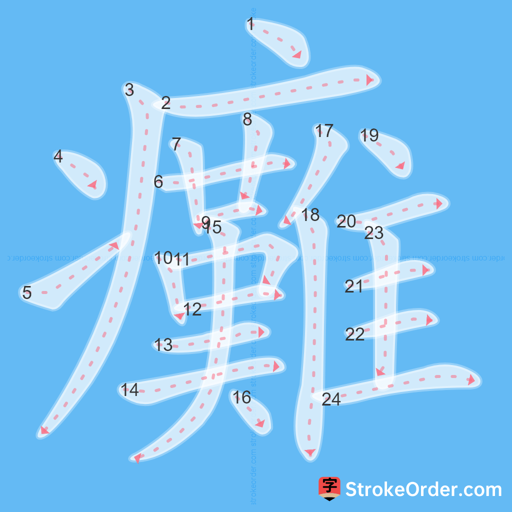 Standard stroke order for the Chinese character 癱