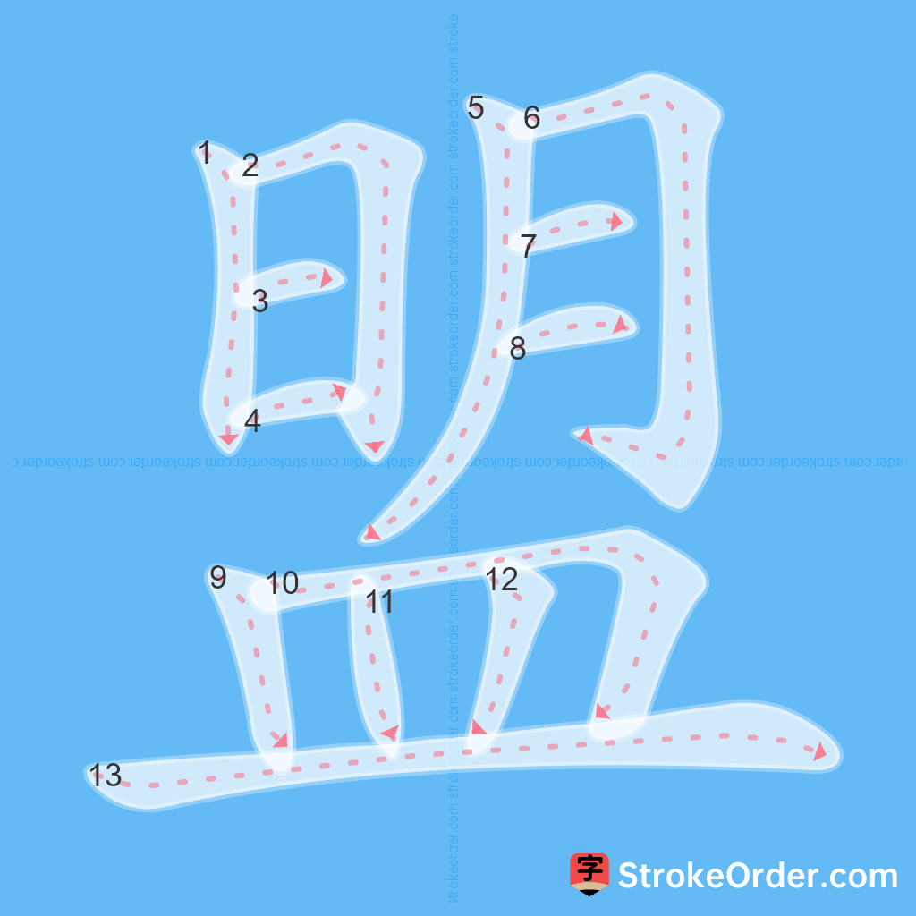 Standard stroke order for the Chinese character 盟