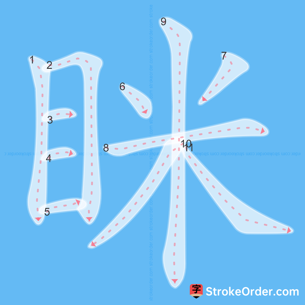 Standard stroke order for the Chinese character 眯
