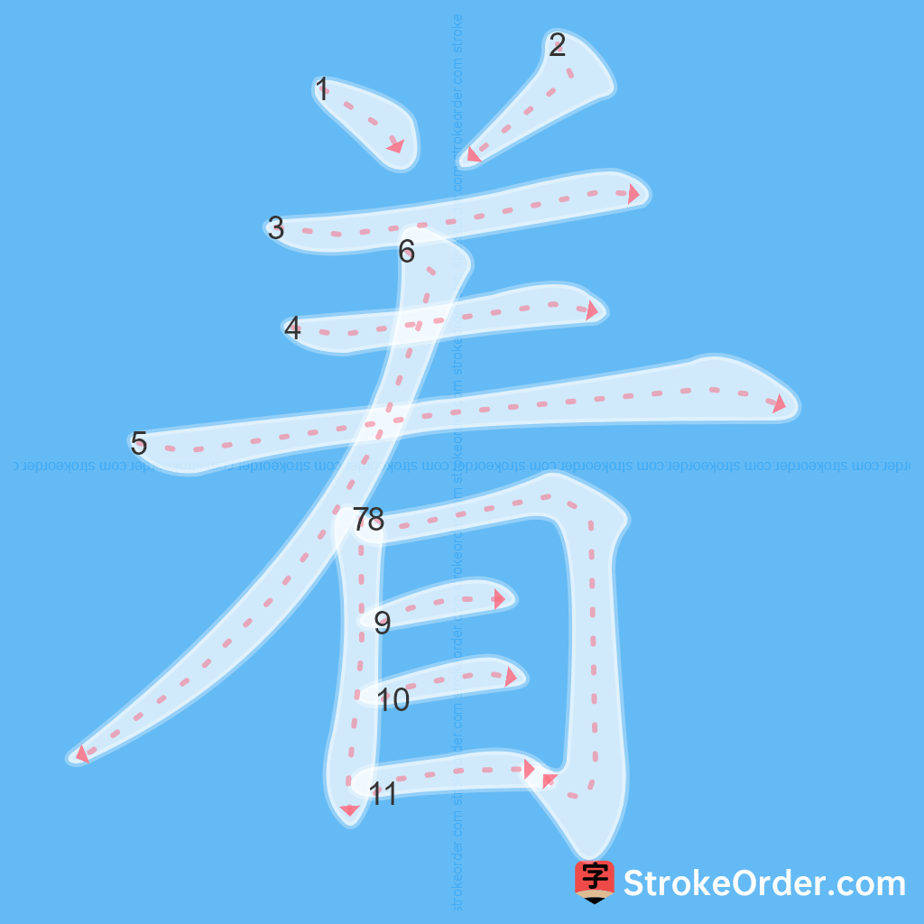 Standard stroke order for the Chinese character 着