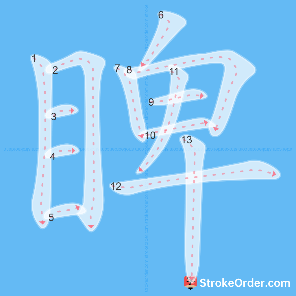 Standard stroke order for the Chinese character 睥