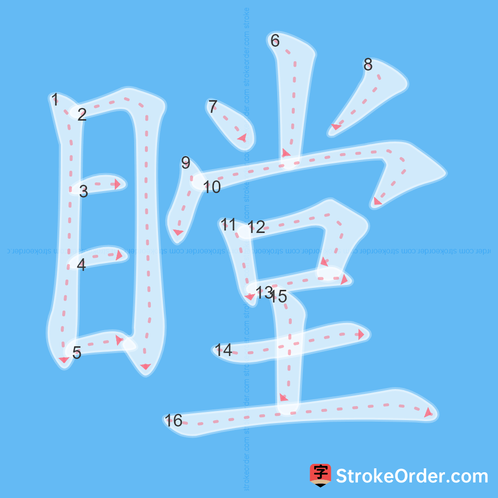 Standard stroke order for the Chinese character 瞠