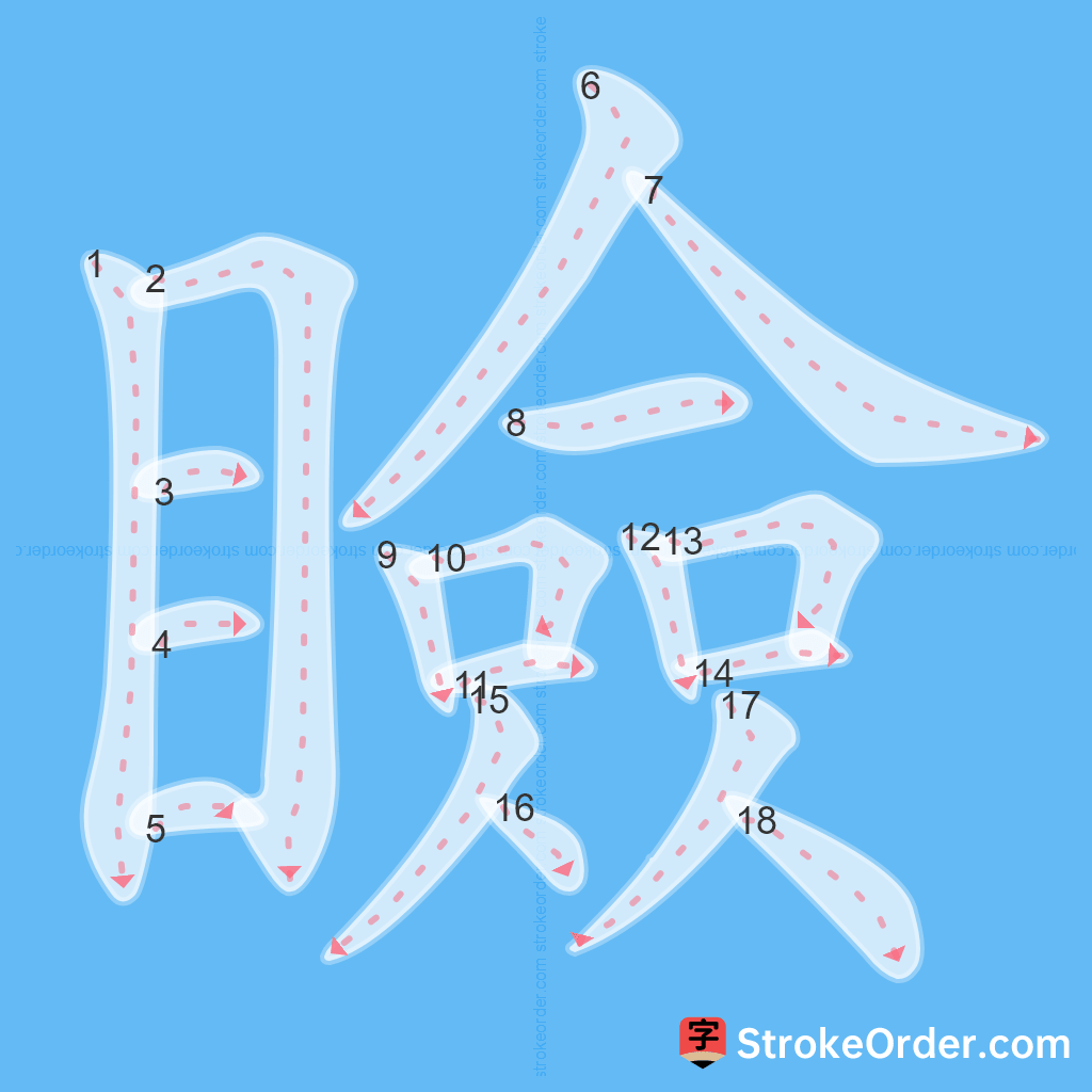 Standard stroke order for the Chinese character 瞼