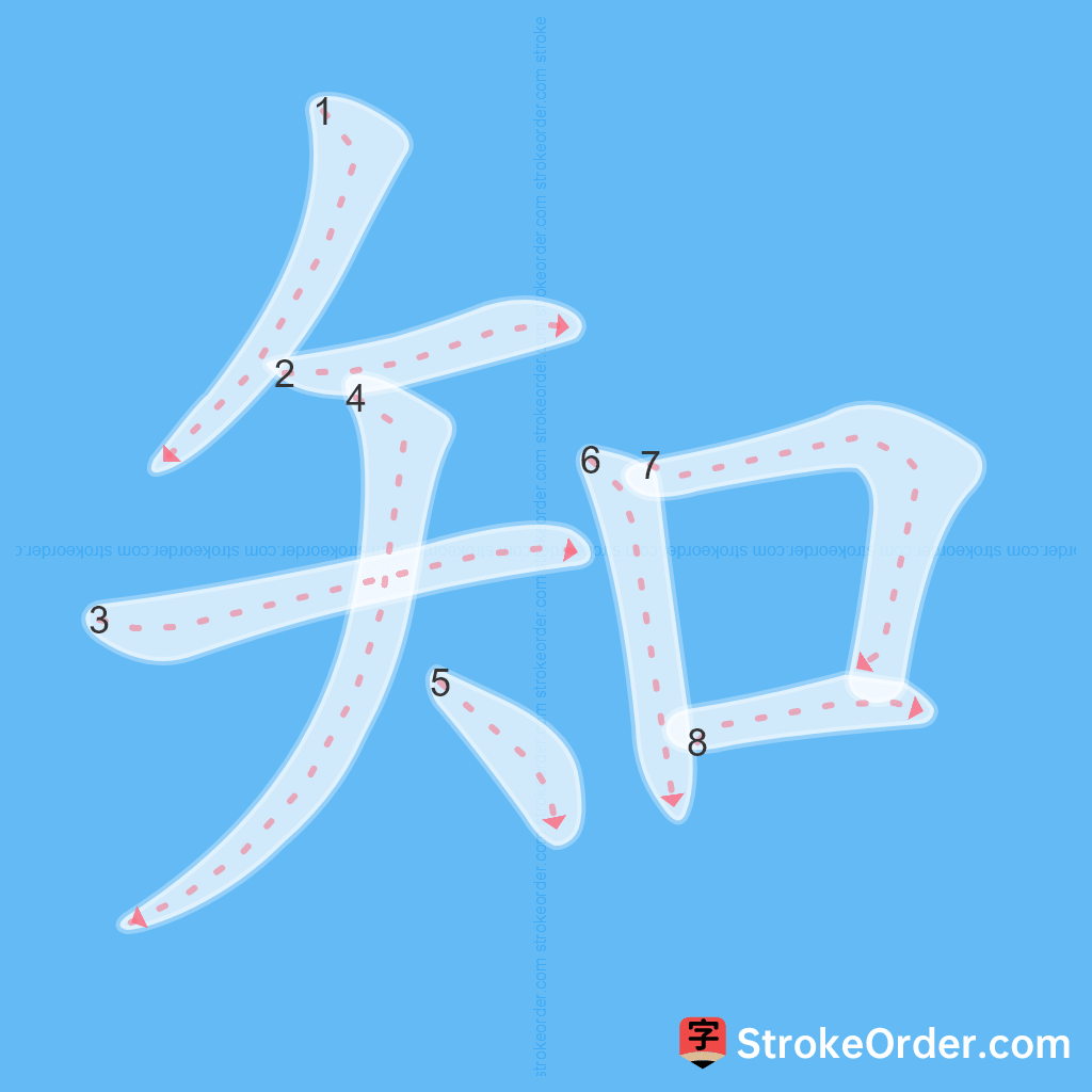 Standard stroke order for the Chinese character 知