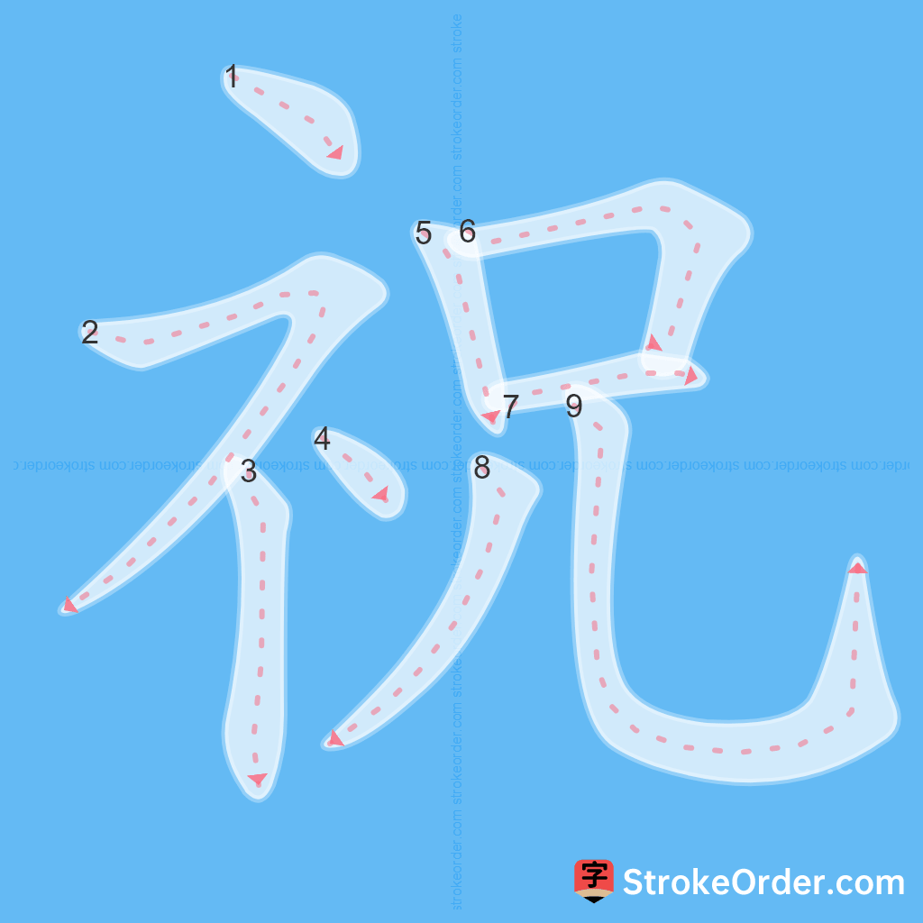 Standard stroke order for the Chinese character 祝