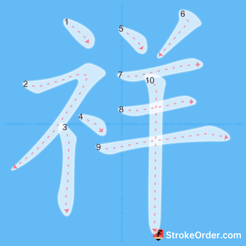 Standard stroke order for the Chinese character 祥