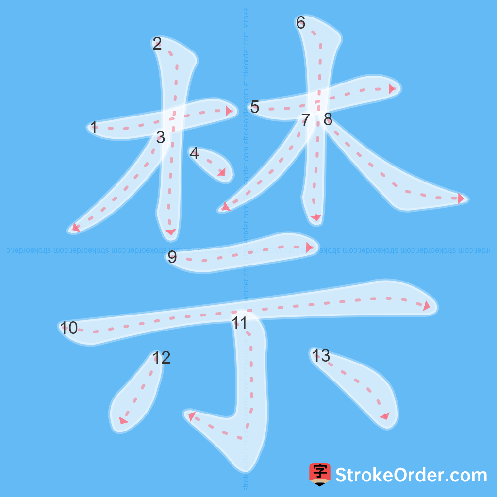 Standard stroke order for the Chinese character 禁