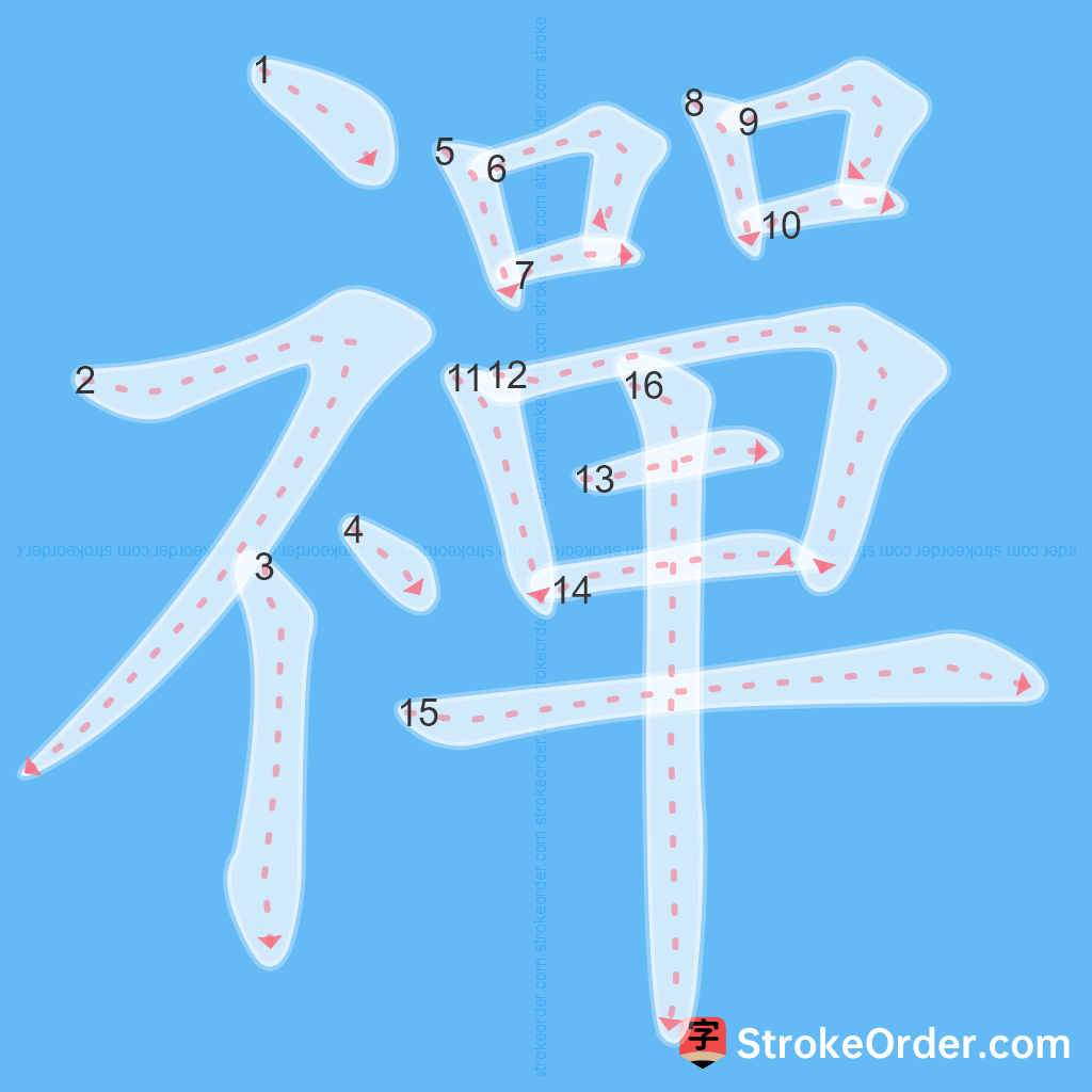 Standard stroke order for the Chinese character 禪